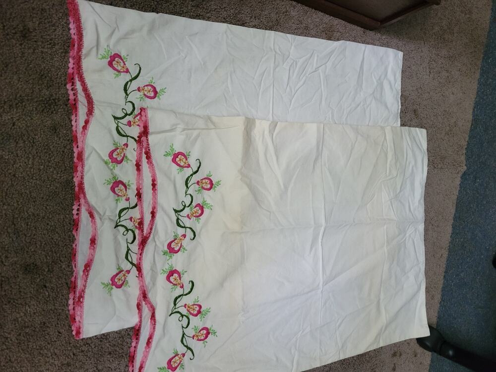 Vintage Standard Cotton pair of Pillowcases with vibrant hand stitched Flowers
